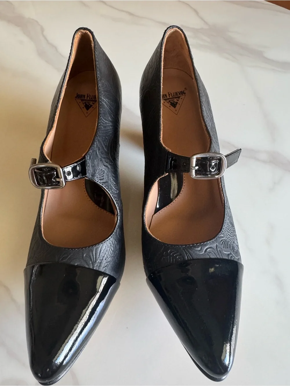 John Fluevog Malala Big Presence Black Embossed Leather Mary Jane Heels 7